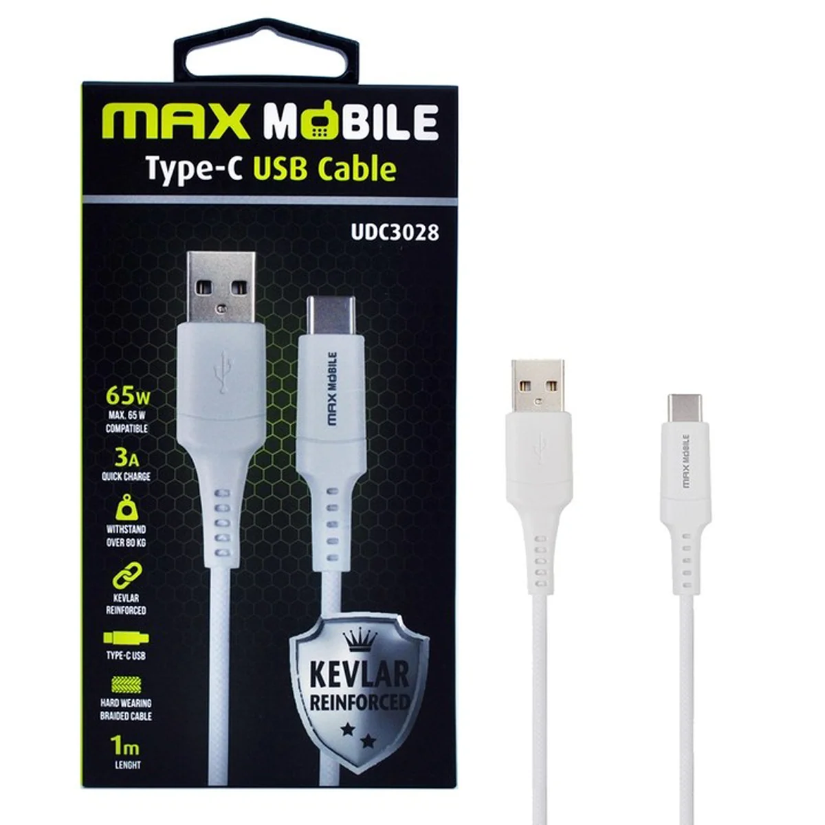 MM939901 MAXMOBILE data kabel USB 2.0, type-C UDC3028 kevlar white QC 3A 1m